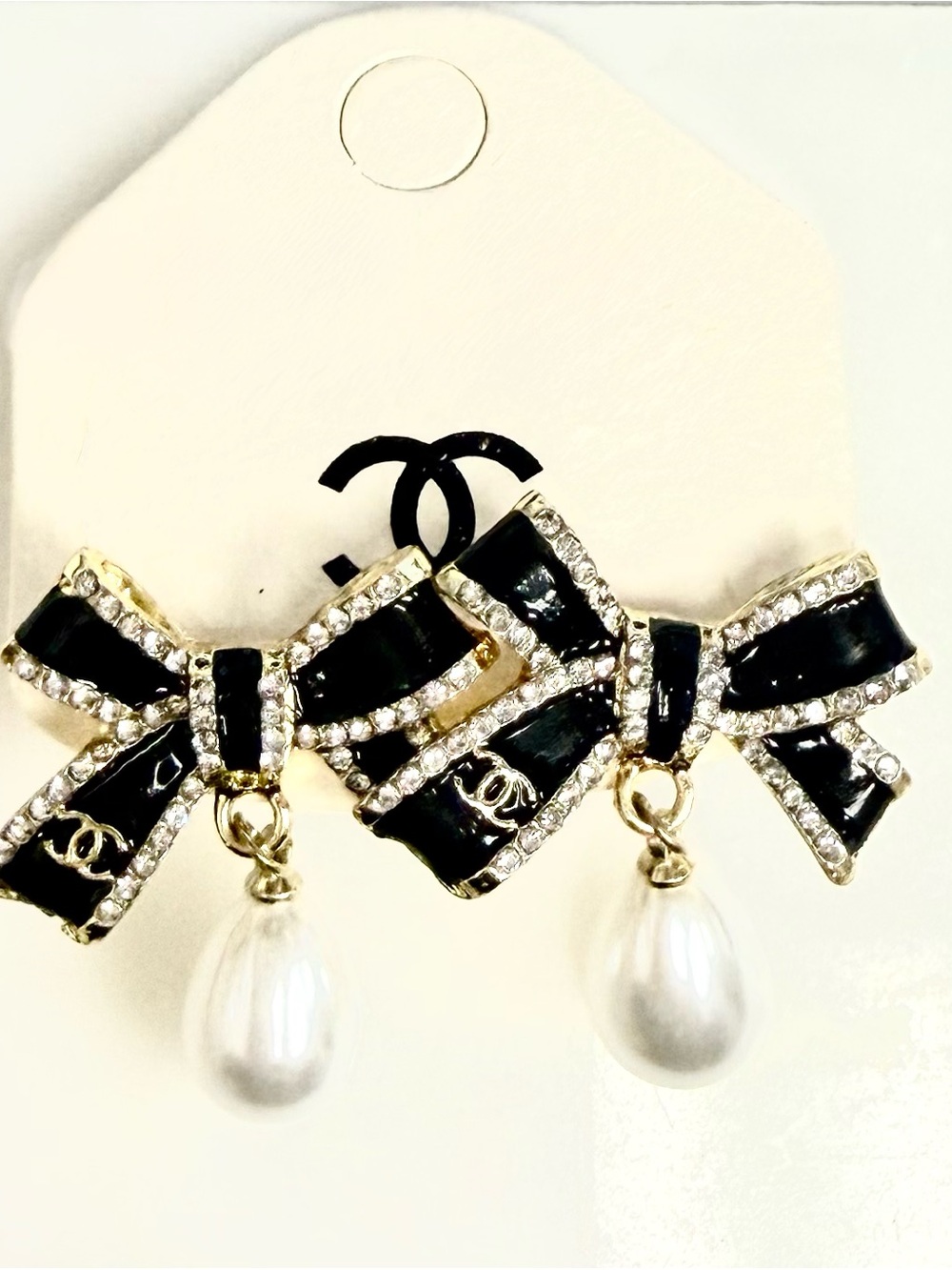 Black Bow Drop Earrings with Pearls and Crystal Trim